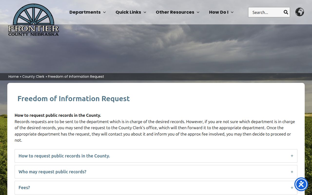Frontier County public records request route for arrest records