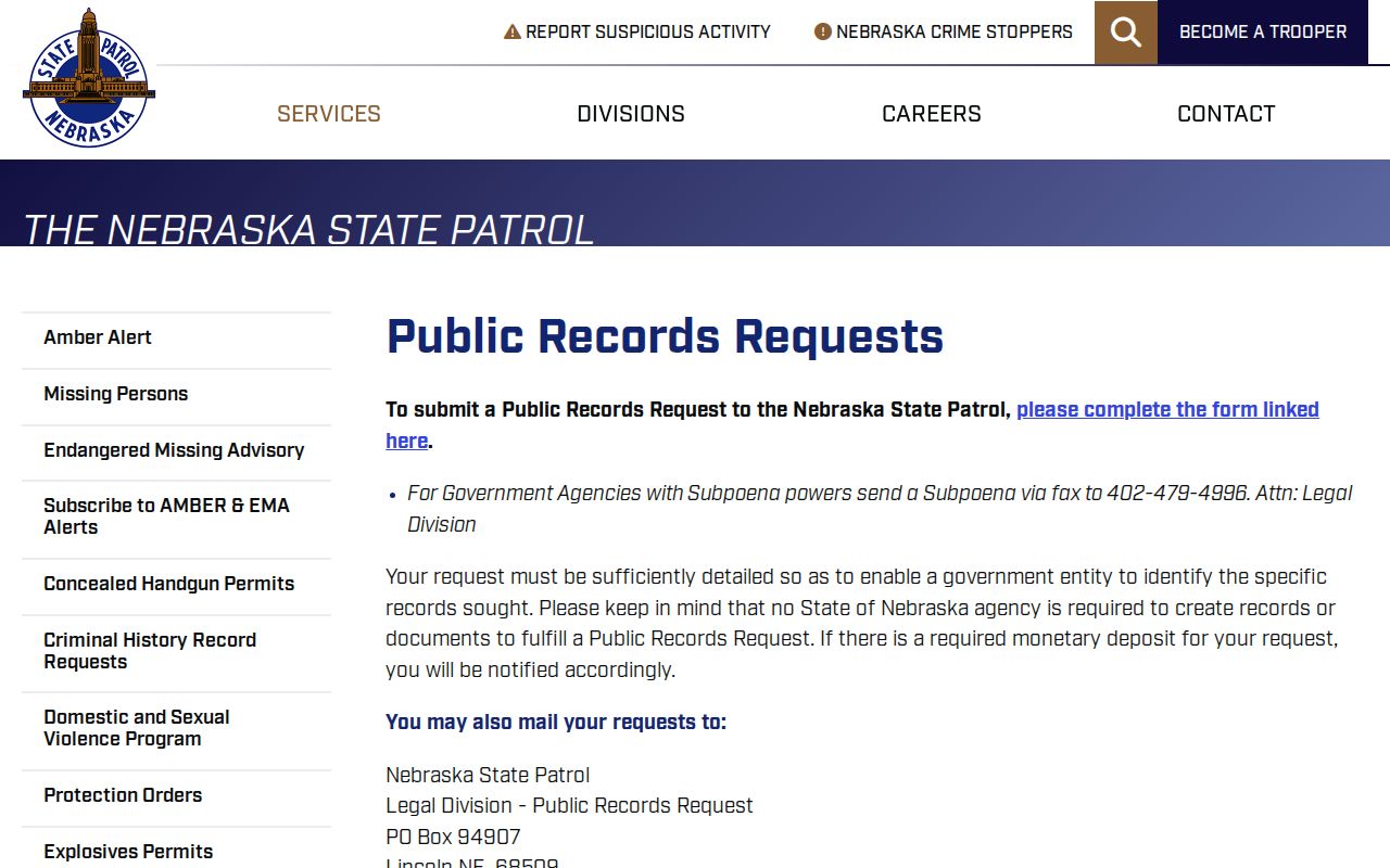 Nebraska State Patrol request channel for Frontier County arrest records