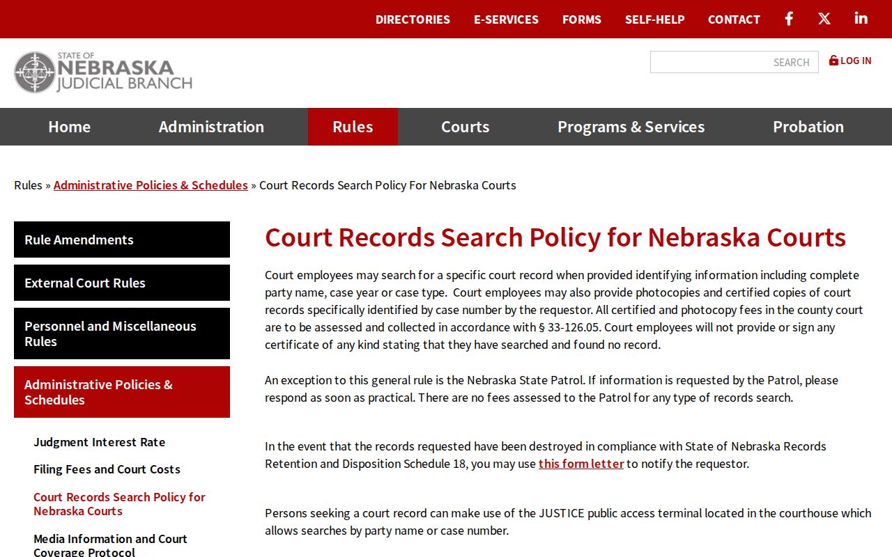 Nebraska court search policy for Frontier County criminal case records