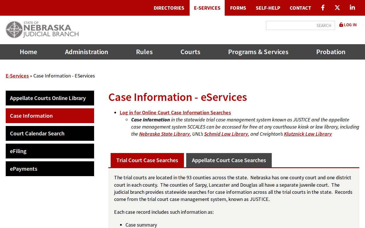 Nebraska JUSTICE options for Frontier County court case searches