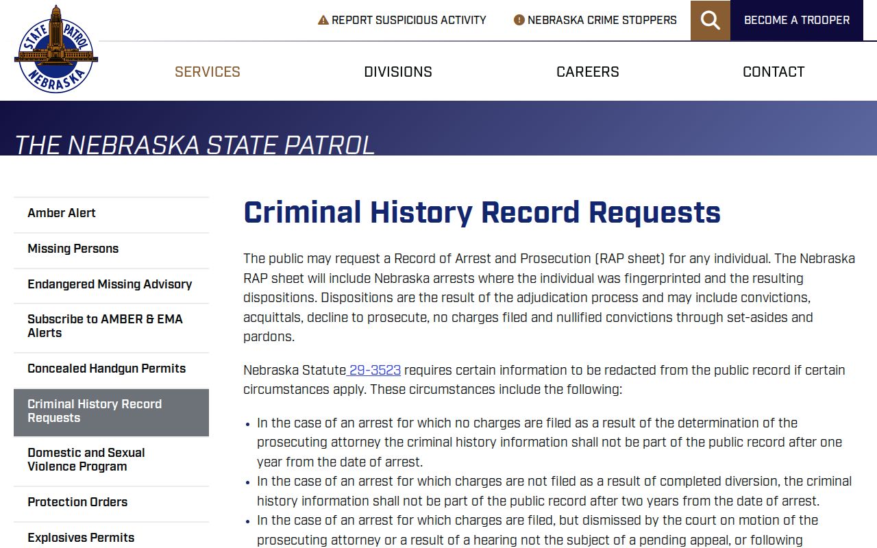 Frontier County criminal history Nebraska State Patrol request instructions